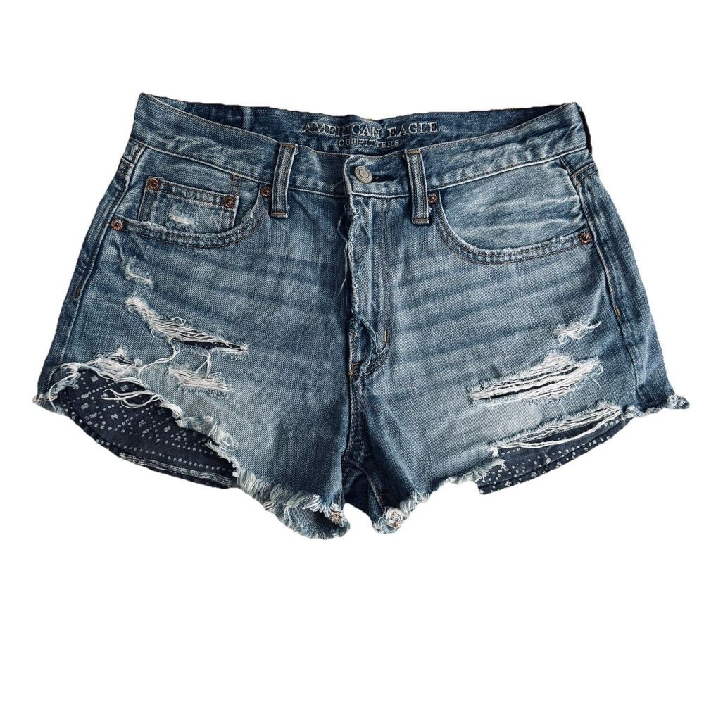 American Eagle Hi Rise Festival Shorts Womens 6 Blue Distressed Measures W29